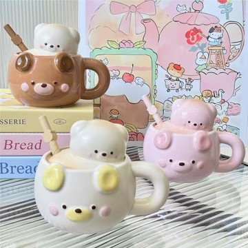 呆萌可愛小熊陶瓷馬克杯帶蓋吸管杯少女心卡通水杯禮物送人伴手禮