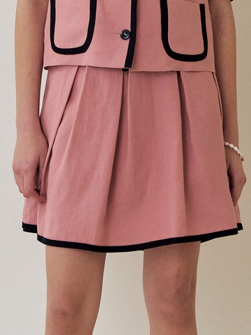 Summer Linen Trimmed Tucked Skirt_Pink