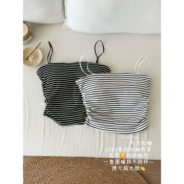 【太妮絲TF05】現貨 韓系 細肩帶 平口 抓皺 背心 小可愛 條紋 平口背心 側抽繩 Bra Top 顯瘦 內搭 高彈