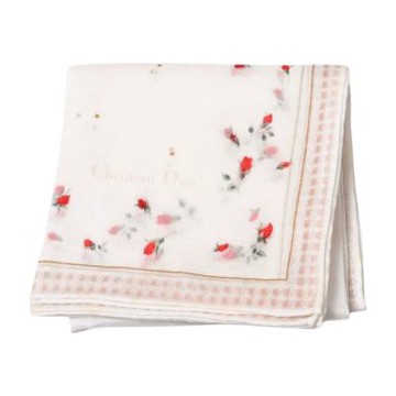 Christian DIOR 迪奧白底紅玫瑰圖騰字母LOGO帕巾(47CM)