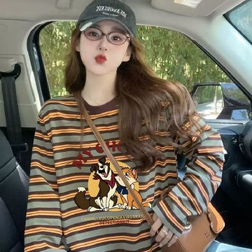 美式卡通印花卡其色條紋長袖T恤新款秋季潮牌小眾設計顯瘦女生上衣
