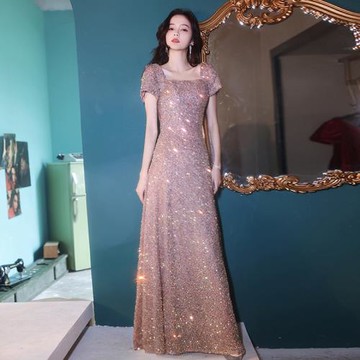 粉色晚禮服女爆款高端宴會氣質輕奢小眾高級感亮片主持年會連衣裙