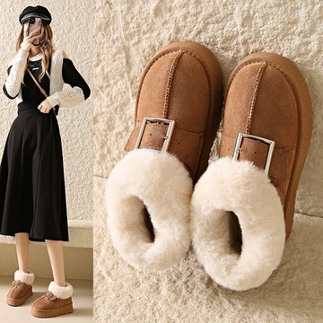 【現貨出清】雪靴．率性一字帶金屬毛毛圓頭厚底短靴．白鳥麗子