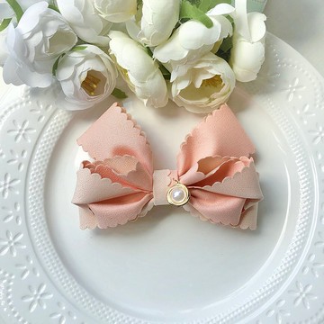 花邊雙色氣質大款蝴蝶結彈夾髮夾-粉橘+粉膚