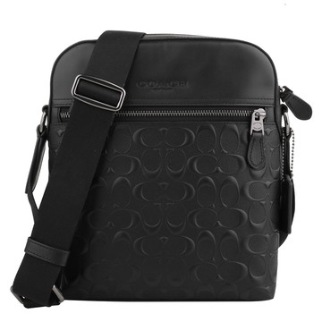 COACH 防刮拼接浮雕LOGO皮革拉鍊直式斜背包（黑）_廠商直送