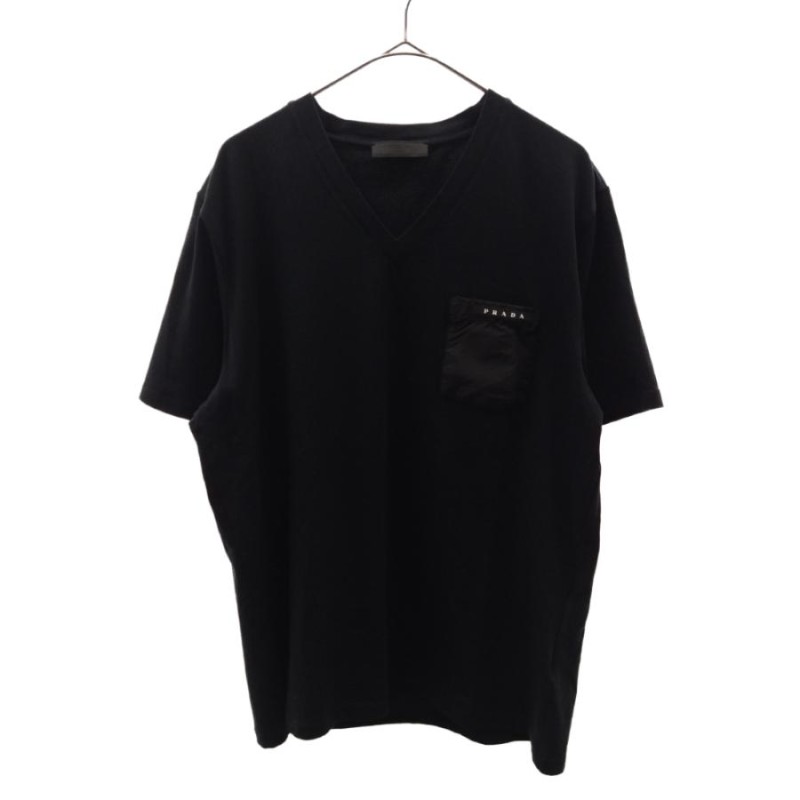 PRADA プラダ ナイロン ポケット ラバーロゴ Vネック半袖Tシャツ ブラック SJN251