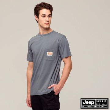 JEEP 男裝 車頭燈布章純棉口袋短袖T恤-灰藍色
