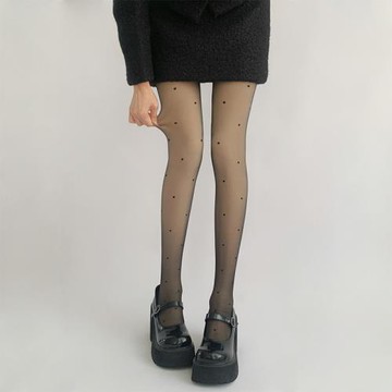 夜間教習室黑色光腿神器波點加絨加厚連褲襪子女秋款愛心性感黑絲