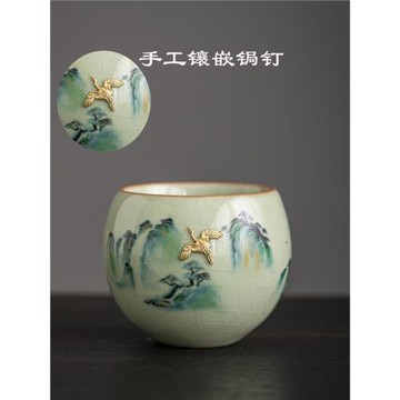 (免運)鋦釘汝窯青花瓷茶杯陶瓷單杯家用男士茶盞高檔女生個人專用主人杯