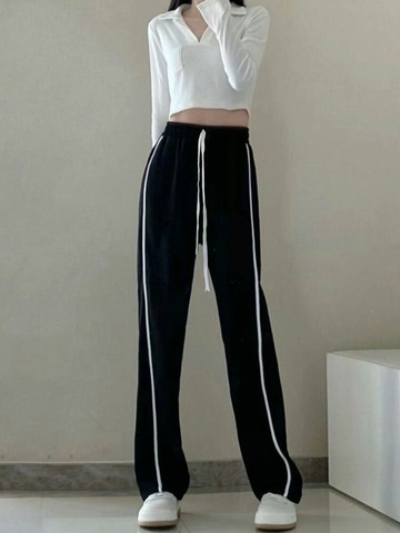 運動褲女寬松直筒2022新款春秋高腰垂感大碼胖mm條紋拖地闊腿褲夏