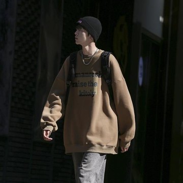 圓領衛衣男春秋潮流復古字母印花上衣日系cityboy重磅t恤長袖內搭