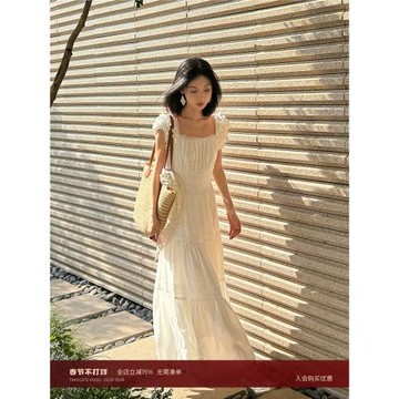 (免運)鷺青一原創【梨花雪】法式方領連衣裙女夏季白色泡泡袖新中式長裙