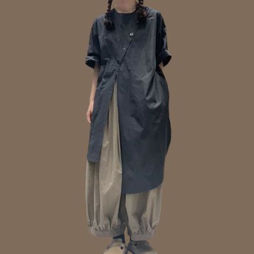 卸排扣時尚日系襯衫不規則短袖襯衣連衣裙原宿個性韓版純棉復古夏