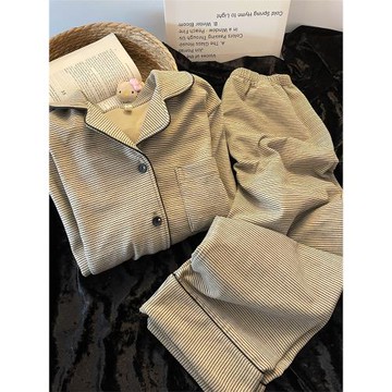 Sin Glee 韓系慵懶感休閑條紋德絨睡衣女秋季親膚保暖長袖家居服