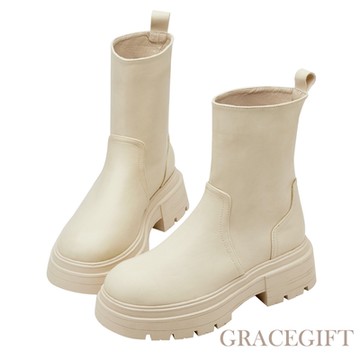 【Grace Gift】百搭人氣圓頭鬆糕厚底顯瘦短靴 杏
