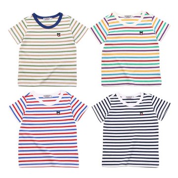 出口日本mk夏季童裝男女童純棉經典條紋短袖上衣半袖休閑圓領T恤