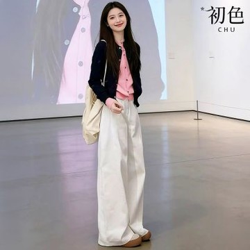 初色 韓系撞色假兩件圓領單排釦長袖女上衣+純色闊腿褲休閒褲寬褲長褲套裝-黑粉衣白褲-19447(M-XL可選)