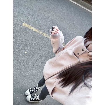 美式粉色立領連帽外套女秋冬季加絨加厚棉服慵懶寬松拉鏈夾克上衣