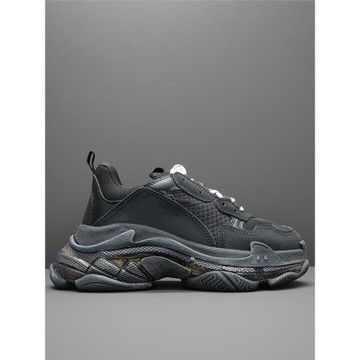 2025年春夏季歐美巴黎風新款青年淺口圓頭系帶中跟黑色氣墊老爹鞋