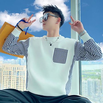 男士衛衣新款春秋季潮牌痞帥條紋長袖T恤潮流休閑秋裝修身上衣服
