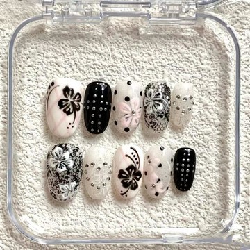 💗Yuki Nail💗黑粉古早扶桑花朵波點蕾絲美甲可愛ins帶鑽顯白穿戴甲短橢圓款