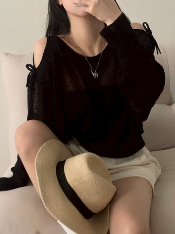 9th street鏤空露肩寬鬆透視薄款防曬針織衫套頭罩衫上衣女 共兩色(預購)