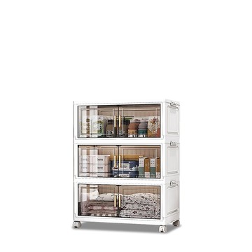 【Mr.box】42面寬摺疊前開式三層收納櫃-附滑輪透黑-透明面板