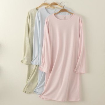 外貿女士針織純棉圓領清新長袖家居服睡裙睡袍裙子春秋全棉大碼