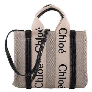 CHLOE WOODY 系列字母LOGO 帆布手提/斜背兩用包(黑槓x米白)小款