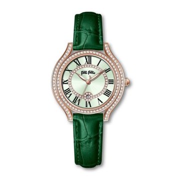 Folli Follie 35毫米 誥石錶圈  羅馬字盤 日期窗 鱷魚壓紋真皮腕錶(綠 FF22B024-WG)