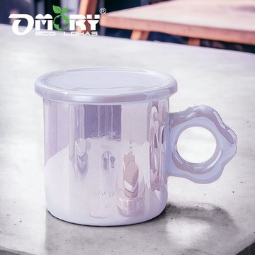 OMORY花形珠光陶瓷杯300ml附蓋-藕紫