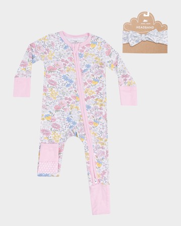 Girl's Viola Floral-Print Coverall W/ Headband, Size Newborn-24M