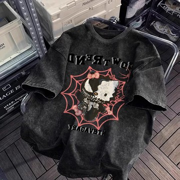 現货做舊t恤 hello kitty 短袖T恤 水洗t 凱蒂貓 水洗上衣 oversize 美式短袖 美式復古 潮牌t恤