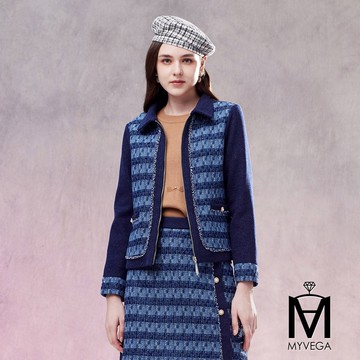 【MA】小香風混色格紋毛呢套裝外套-普魯士藍