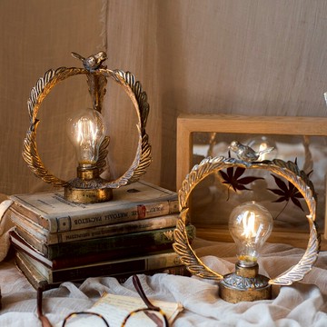 掬涵 花鳥葉紋風燈小夜燈應急臺燈復古懷舊鐵藝裝飾桌面擺件皇冠