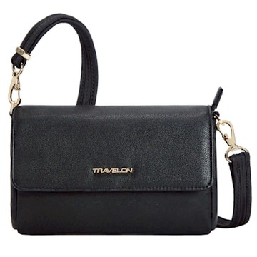 《TRAVELON》皮革拼接防盜斜背腰包-黑-- 側背包 斜背包 背帶包 防割防搶