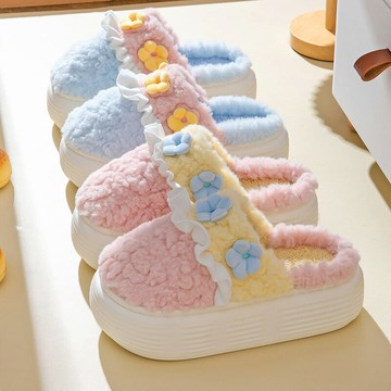 毛毛鞋 毛毛拖鞋 棉拖鞋 高跟棉拖鞋女士秋冬季刷毛加厚底防水家居保暖室內防滑拖鞋毛毛鞋『ZW6476』