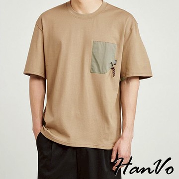 【HanVo】男款口袋文青風格上衣 吸濕排汗 舒適透氣短袖上衣 夏季潮流T恤 男生衣著 B01-1036