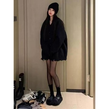 黑色軟糯翻領毛衣開衫女2024秋冬新款寬松慵懶超好看針織外套上衣