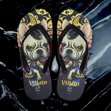 男生法鬥狗狗夾腳拖鞋 軟Q止滑情侶人字拖鞋 黑色 -Villain Dog-