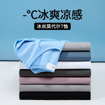 冰絲短袖t恤男夏季2025寬松高級感高彈純色上衣莫代爾打底體恤衫