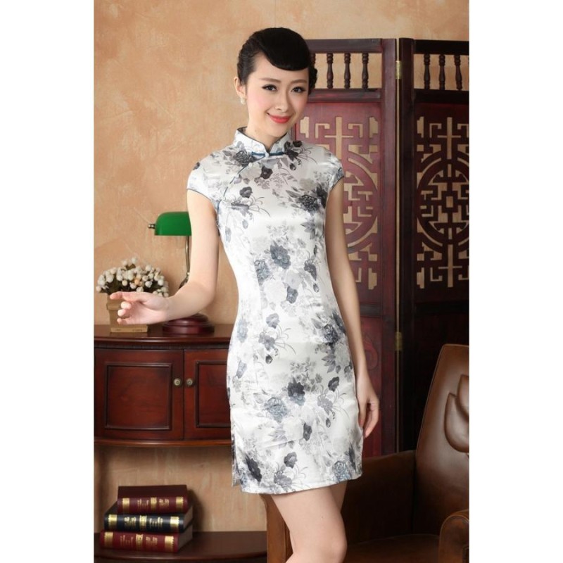 チャイナドレス 花柄 半袖 シルク素材 ショート丈 チャイナ服 ミニ  
