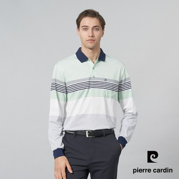 【pierre cardin 皮爾卡登】男裝 吸濕排汗微彈性定位橫條長袖POLO衫-淺綠色 (5245254-42)