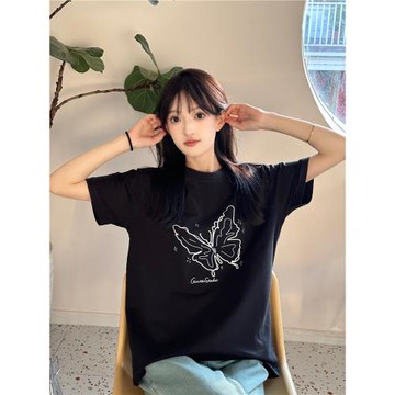 Guozii黑色正肩短袖t恤女男蝴蝶印花設計獨特感上衣設計感小眾夏