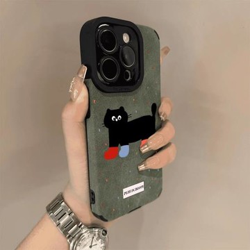 彩襪黑貓適用蘋果16promax手機殼新款高級感iPhone16pro羊巴皮保護套15plus女款14網紅13女款小眾12por防摔殼