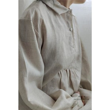 春夏季法國亞麻小眾日系復古寬松長袖連衣裙中長款通勤小方領裙子