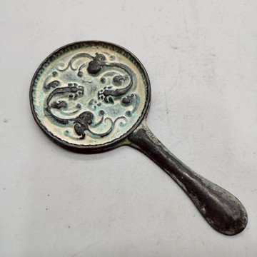 古玩銅器雜項收藏黃銅瑞獸銅鏡 青銅綠銹瑞獸銅鏡 雙龍銅鏡擺件