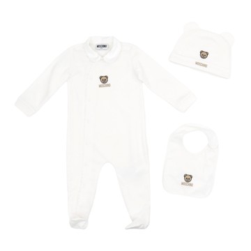 MOSCHINO Kids 白色禮盒組-連身褲圍兜帽子