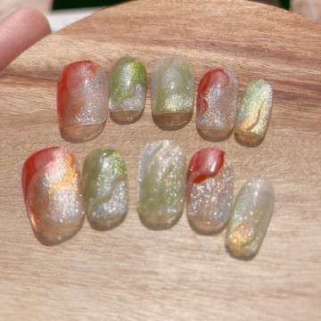 青蘋 貓眼 手工美甲 手繪穿戴甲 Nail arts/Press on nails