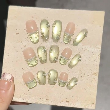 美甲穿戴甲【閉月羞花】裸色冰透堆鑽穿戴甲中長款純手工顯白氣質